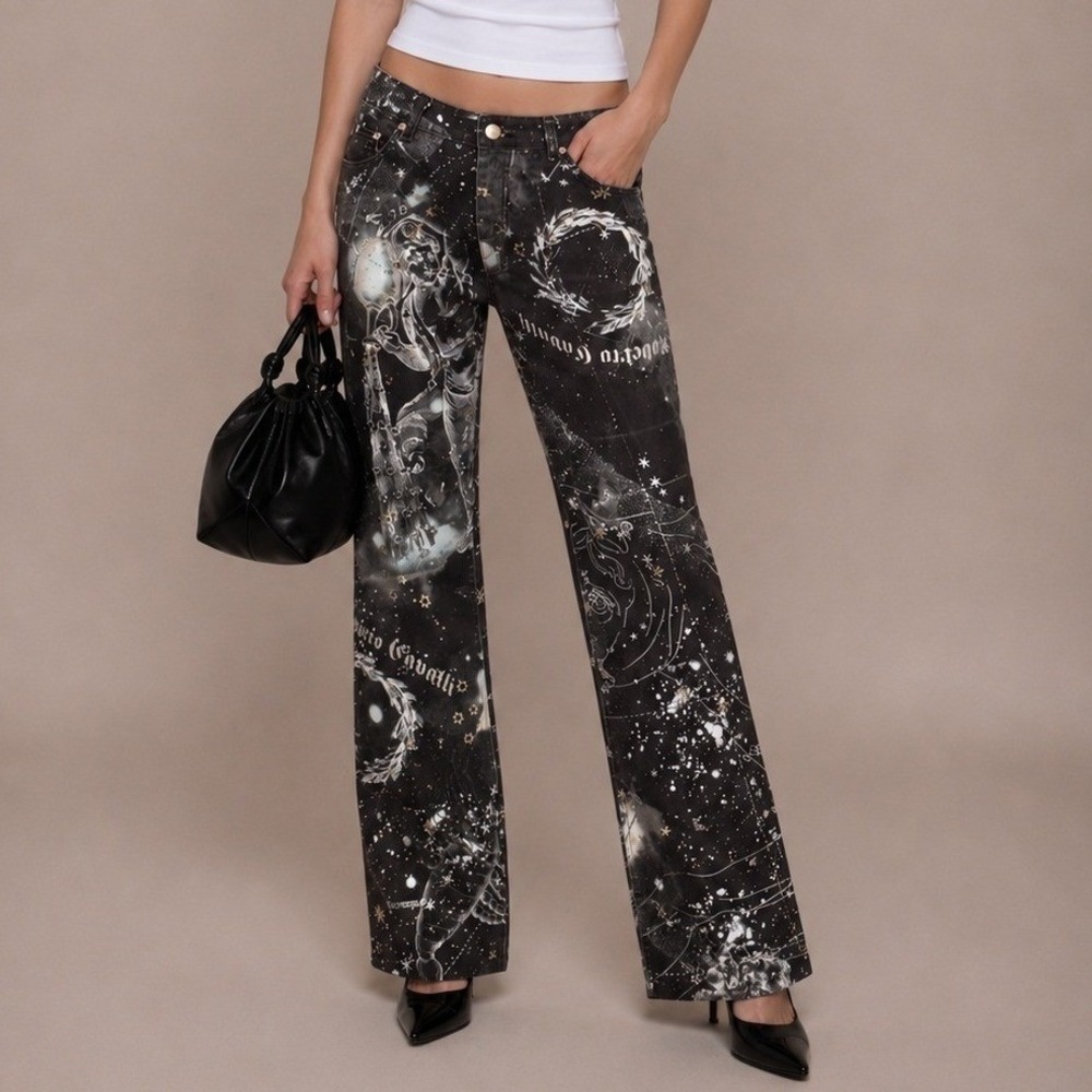 Roberto Cavalli FW 2003 Celestial Zodiac Print Straight Leg Jeans Pants Size M
